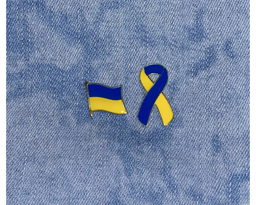 Значки комплект патріотичний прапор України та стрічка жовто - синя пін металевий 