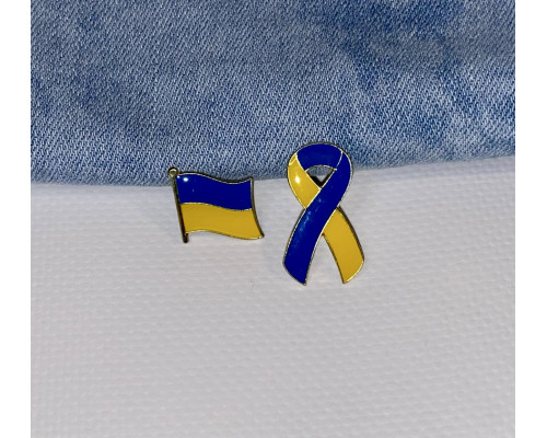 Значки комплект патріотичний прапор України та стрічка жовто - синя пін металевий 
