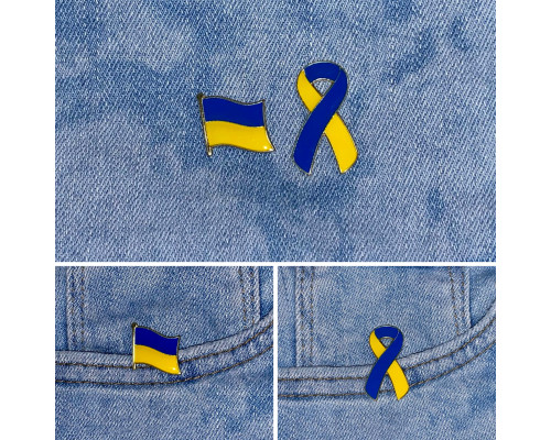 Значки комплект патріотичний прапор України та стрічка жовто - синя пін металевий 