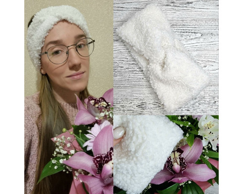 Пов'язка-чалма на голову тепла овечка Тедді біла