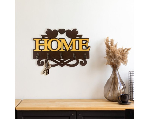 Ключниця HOME з пташками на 5 гачків коричнева