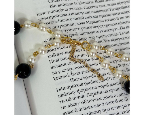 Шикарне жіноче подвійне намисто з перлинами та чорними бусинами декор квіти