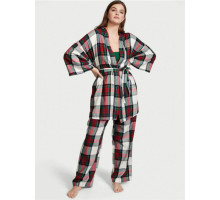 Жіноча піжама Костюм для дому сорочка топ брюки Victoria's Secret Flannel 3-Piece Set White Green Plaid  (XS/S)
