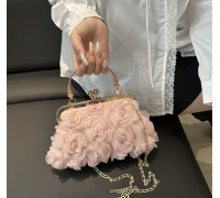 Сумка жіноча клатч вечірній декорований 3D трояндами колір рожева пудра золотистий