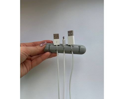 Фіксатор силіконовий клейкий затискач для USB кабелів на 5 проводів колір сірий