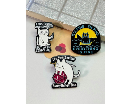 Набір Значків / пінів  металевих Коти Everything is fine (3 шт)