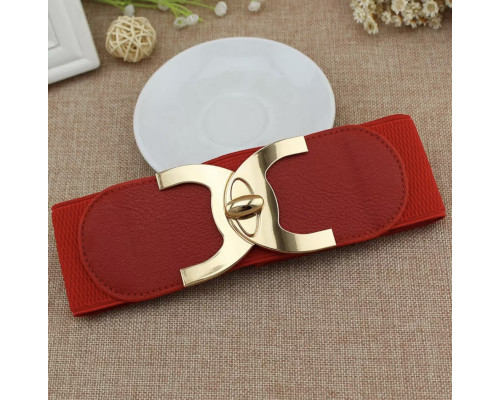 Еластичний широкий ремінь пояс жіночий червоний із золотистою пряжкою ширина 6 см