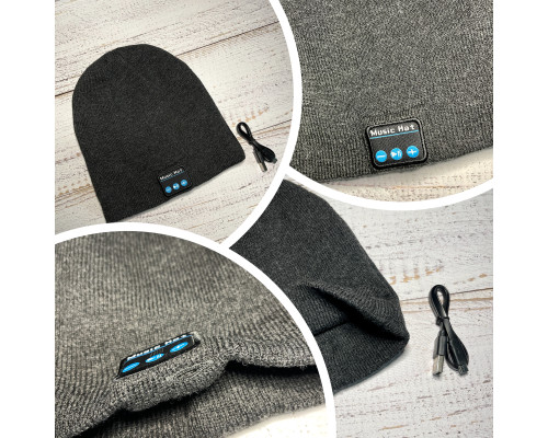 Шапка із вбудованими bluetooth навушниками та мікрофоном трикотажна сіра