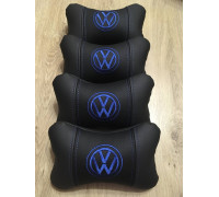 Набір автомобільних подушок на підголовник Volkswagen / Фольцваген (4шт) чорні з синім логотипом