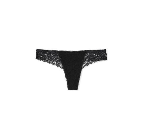 Мереживні бавовняні трусики тонг Victoria's Secret чорні XS