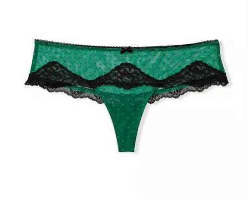 Трусики стрінги жіночі Victoria's Secret S Зелені з чорним ажурні