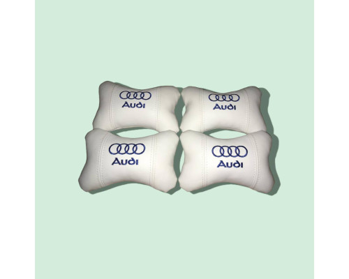 Набір автомобільних подушок на підголовник AUDI / АУДІ (4шт) білі з синім логотипом