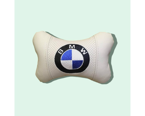 Автомобільна подушка на підголовник BMW / БМВ біла з логотипом