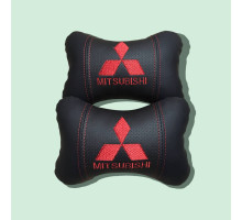 Набір автомобільних подушок на підголовник Mitsubishi / Мітсубісі (2шт) чорні з червоним логотипом 