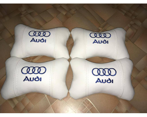 Набір автомобільних подушок на підголовник AUDI / АУДІ (4шт) білі з синім логотипом
