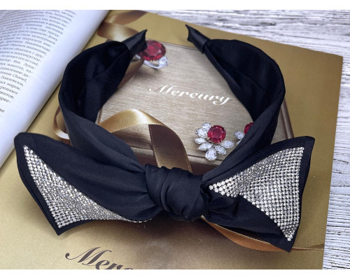 Красивий широкий обруч для волосся з великим бантом зі стразами чорний
