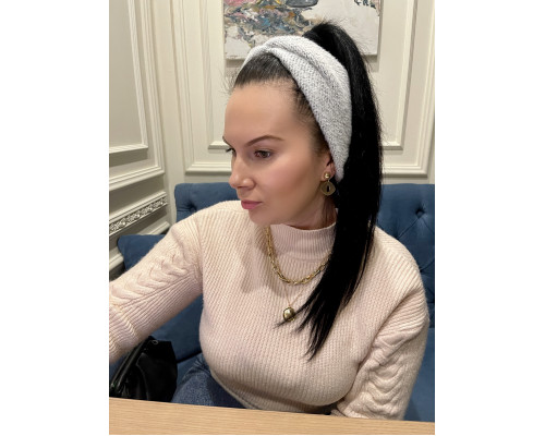 Пов'язка - чалма на голову широка тепла велюрова сіро-біла